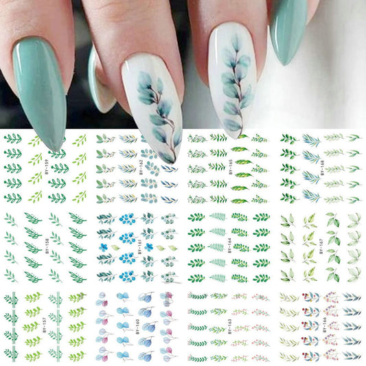 Summer Nail Art Sticker Water Transfer Decal Green Blue Floral Flower Design for Acrylic Nails - Manicure Supplies 12 Sheets (Green)