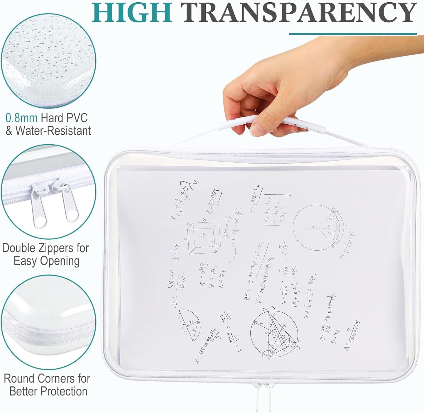Sanwuta 4 Pcs Clear Hard Zipper Case with Handle Office Storage Cases Hard Plastic Pouches Transparent Bins for Crafts, Pencils, Snacks, Cosmetics, Puzzles(12.6 x 9 x 2 Inches,White)