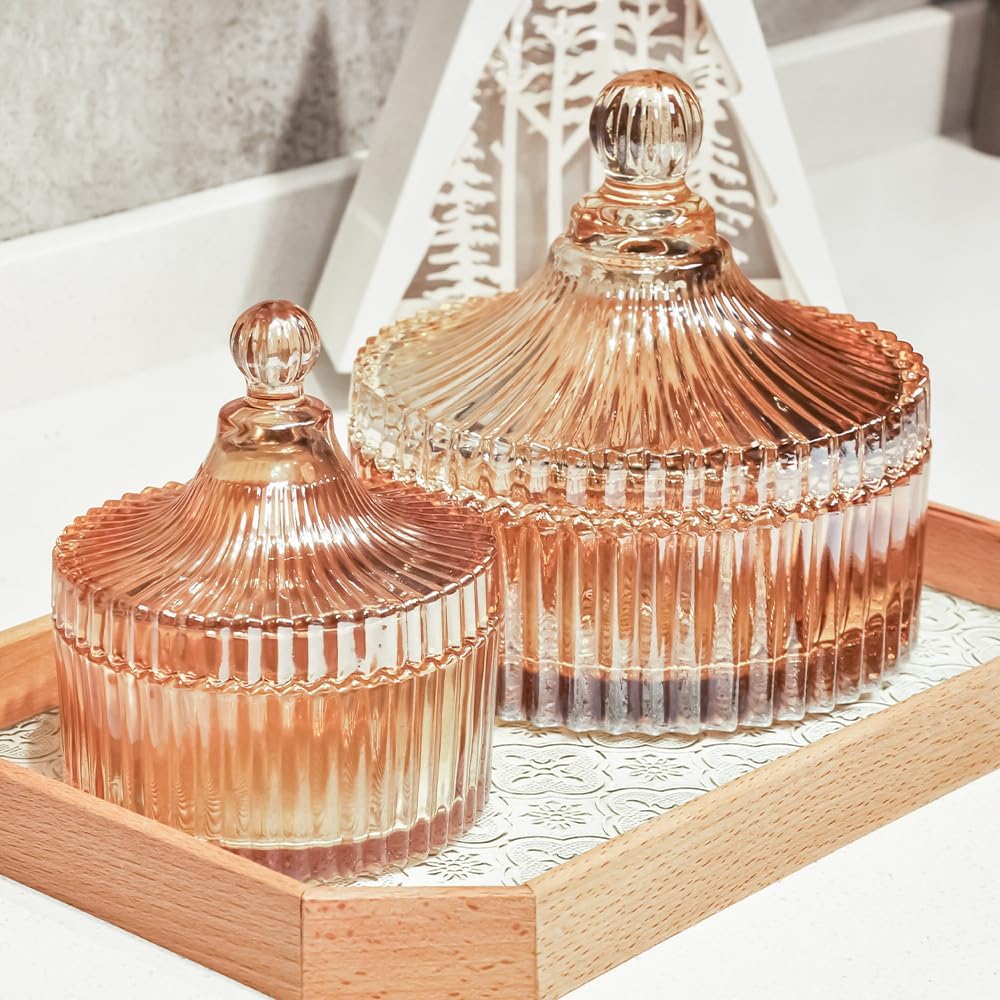 R FLORY 2 Pack Qtip Holder Apothecary Jars with Lids Glass Q Tip Holder for Bathroom Set Decorative Jars Crystal Bowl Jar Organizer for Cotton Swabs, Balls, Pads, Floss Picks (Amber,10+24oz)