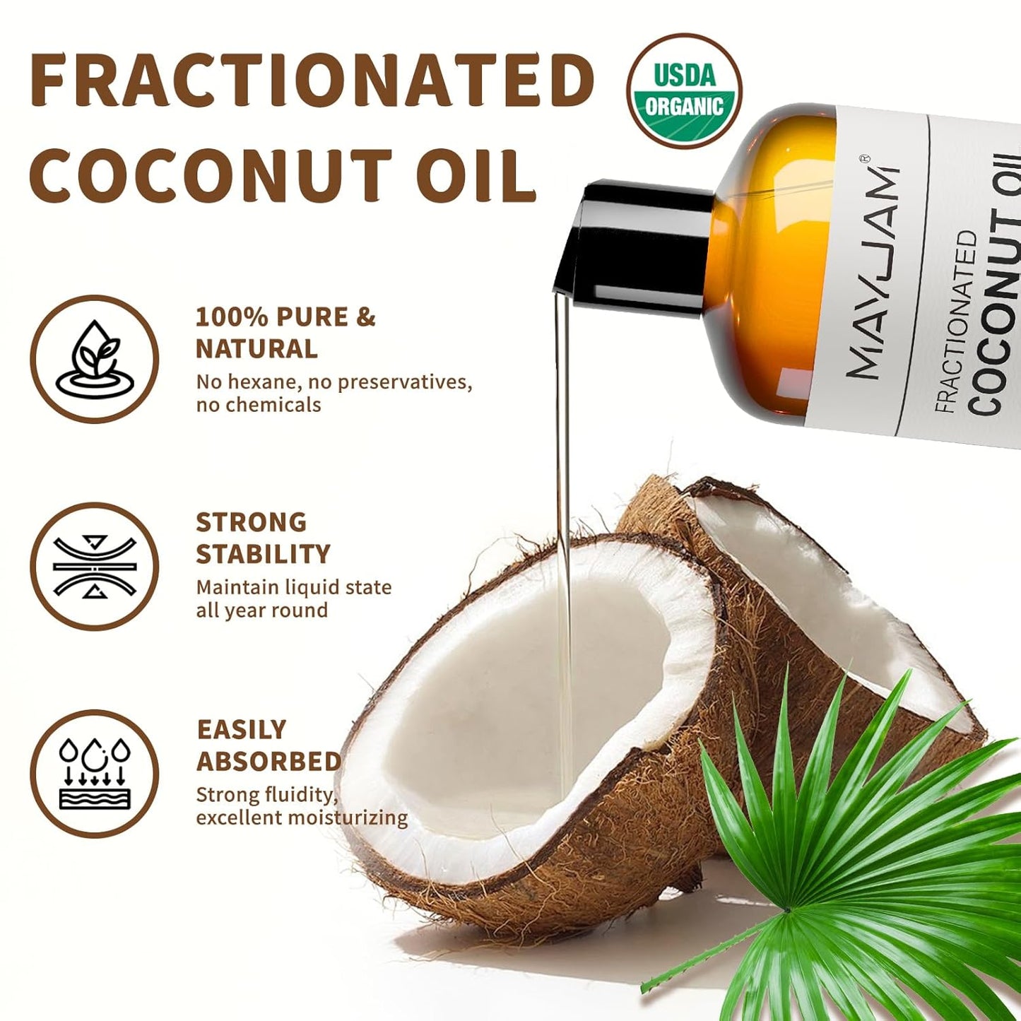 Organic Fractionated Coconut Oils Liquid 16oz, 100% Pure & Natural USDA Certified Cold Pressed Coconut Carrier Oil for Face Skin & Hair Moisturizing, Body Massage Oil for Essential Oils Mixing