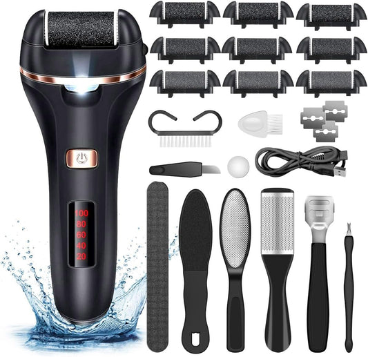 Electric Callus Remover for Feet,Rechargeable Foot File Hard Skin Remover,Waterproof 14 in1 Professional Pedicure Kit for Cracked Heels &Dead Skin,with 9 Roller Heads 2 Speed
