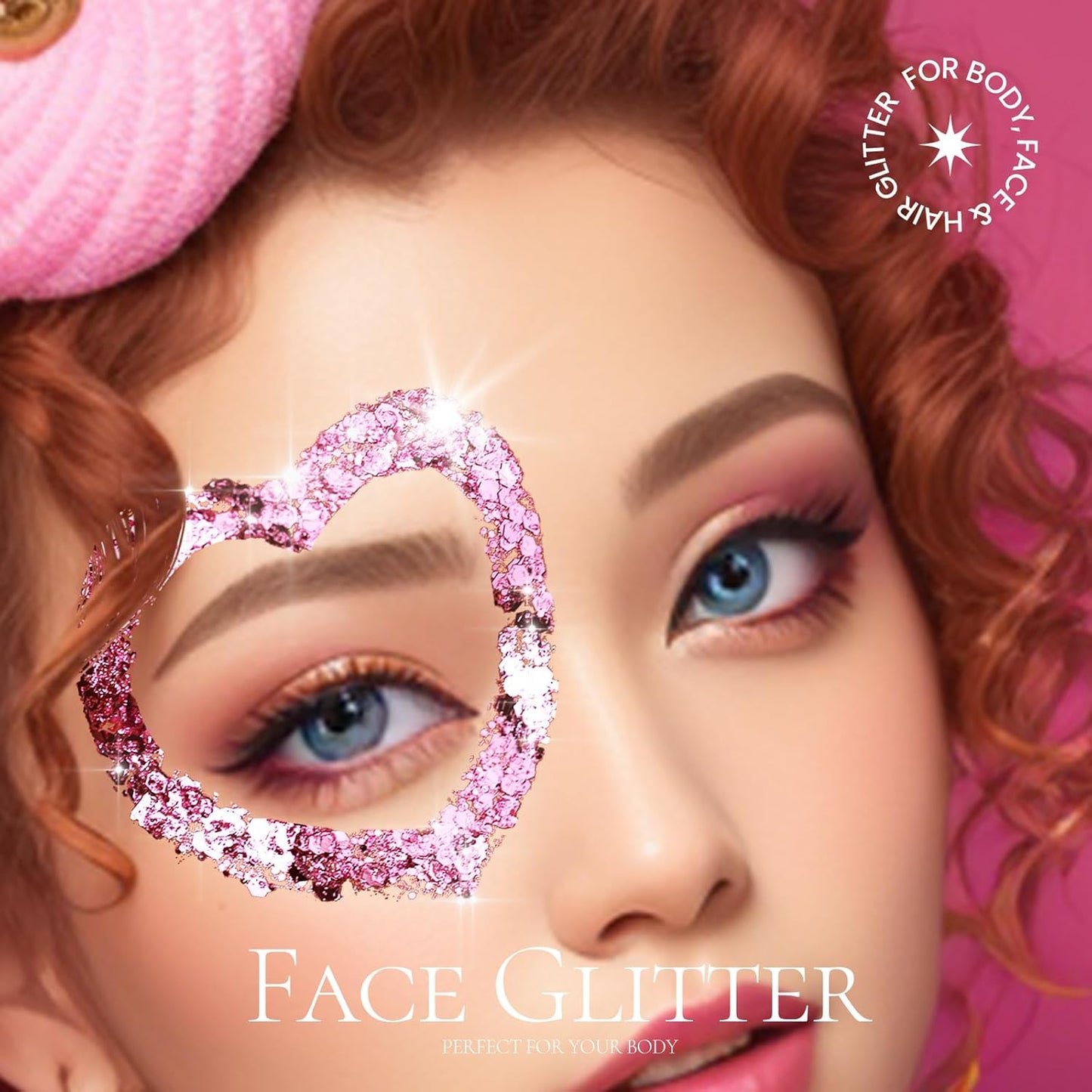 Teenitor Pink Body Glitter, Chunky Face Glitter, Hair Glitter Gel, 80g/2.8oz Pink Festival Cheer Holographic Glitter for Makeup Face Body Hair