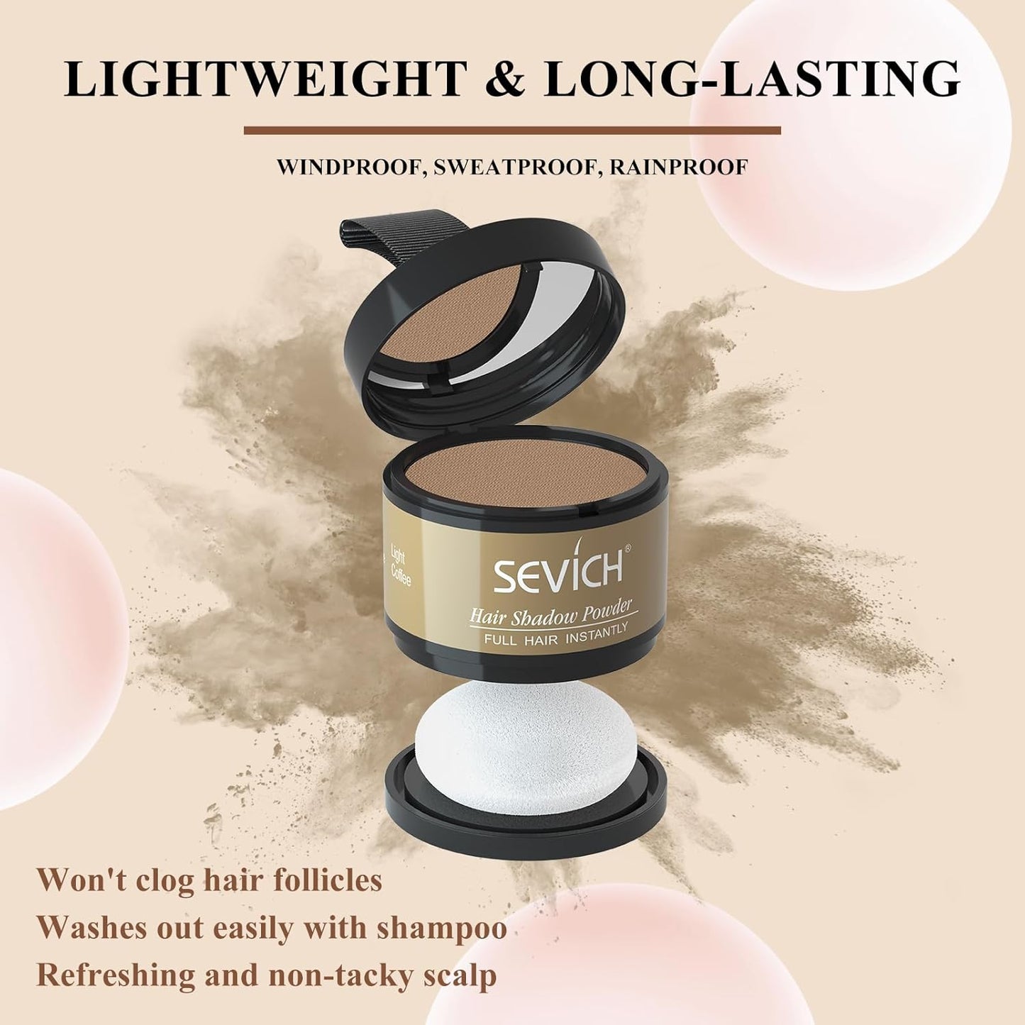 SEVICH Hairline Shadow Powder - Quick Cover for Grey Roots, Eyebrows & Beards, Touch Up Thinning Hair, Windproof & Sweatproof, Light Coffee