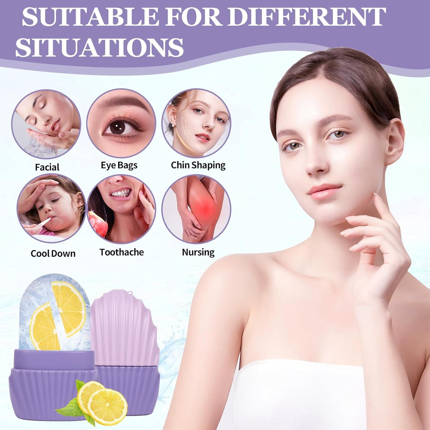 Ice Cube Roller for Face,Eyes and Neck,Reusable Silicone Ice Mold Mermaid Shell Shape for Shrink Pores Anti Wrinkle and Skin Beauty Care,Reduce Migraine Pain,Gua Sha Face Massage Tools (Purple)