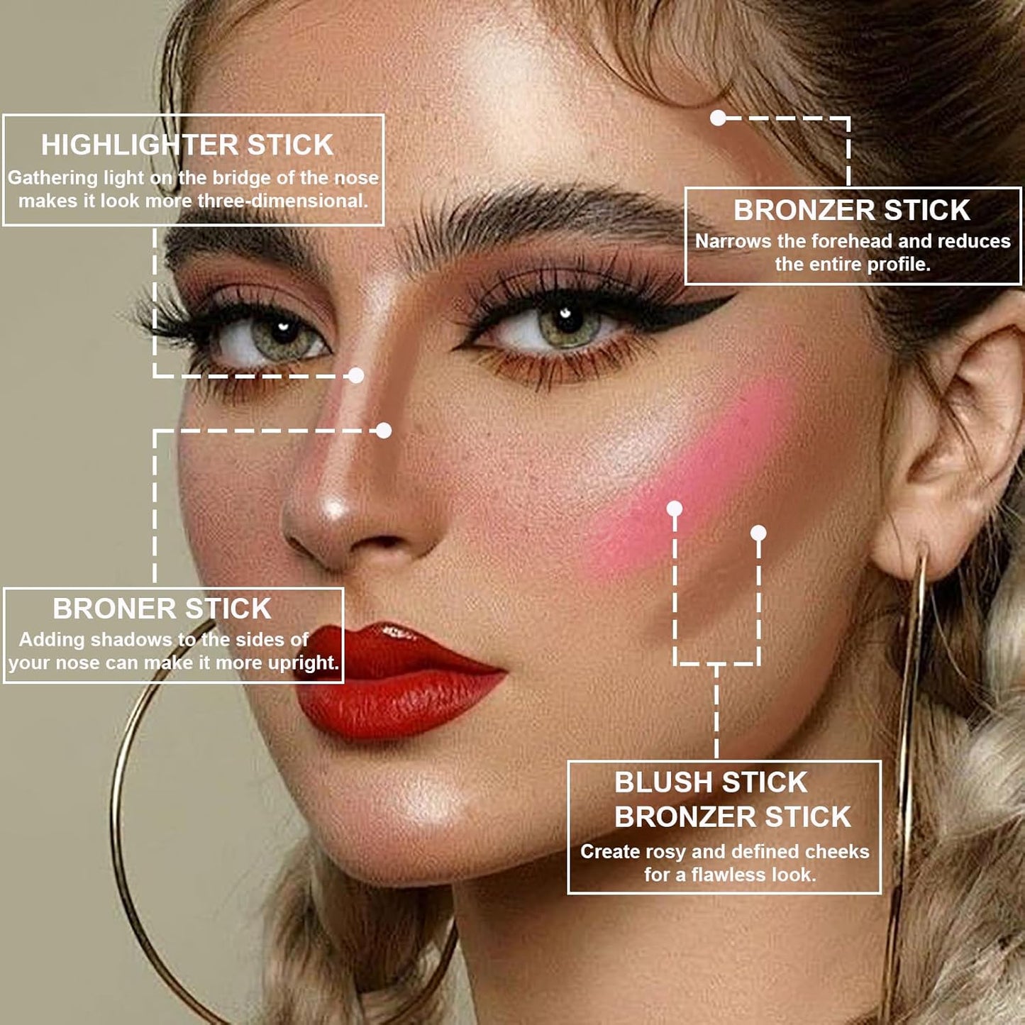 3Pcs Contour Stick Makeup Set, Shades with Highlighter Blush Bronzer Stick Kit for Sculpt the Cheeks and All Skin Type, Longwear Smooth Non-greasy Formula for All Skin Types, Mature