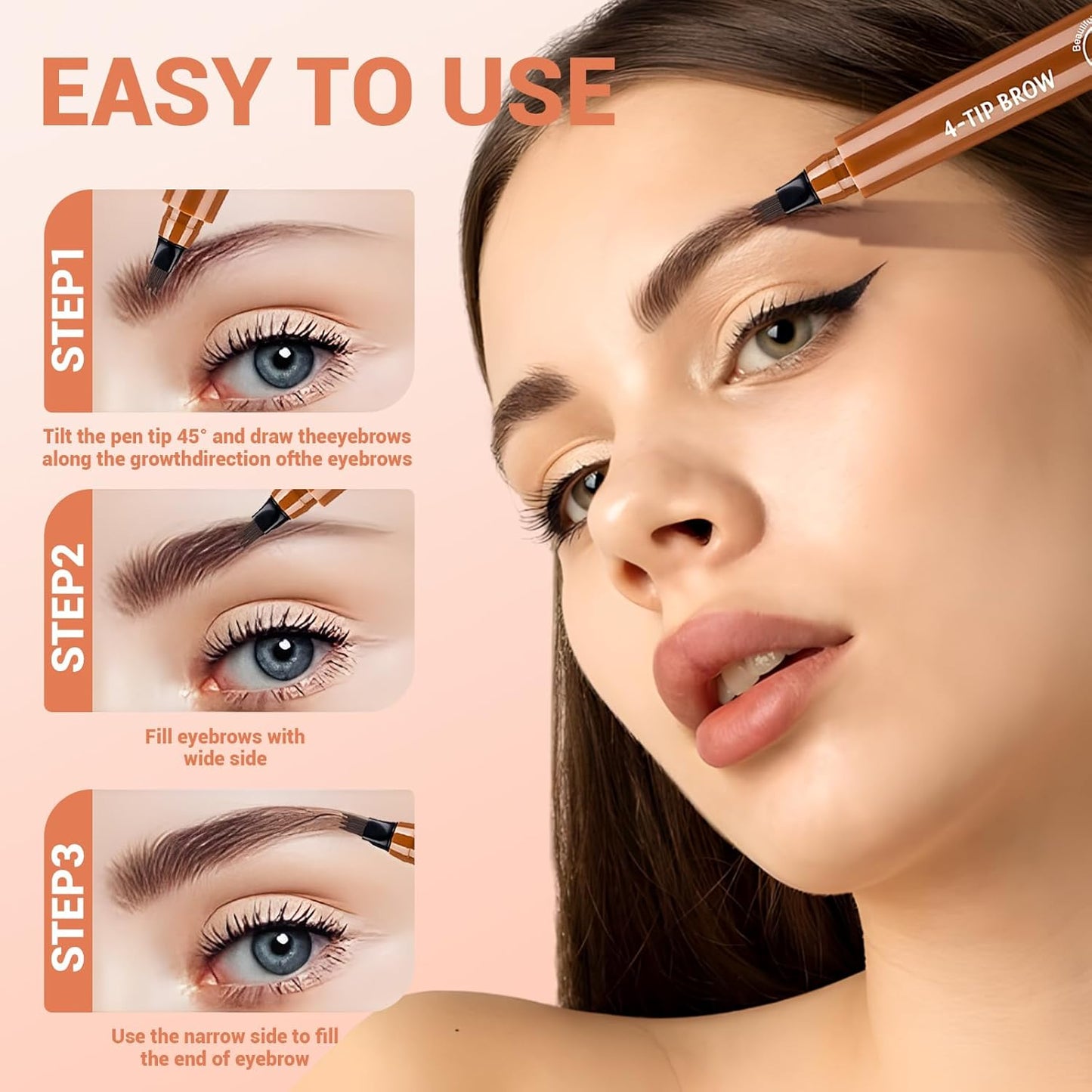 2025 New Magic Eyebrow Pencil, 4 Tipped Precise Brow Pen 3D Waterproof Microblading Contouring Pen Fine Stroke Microblading Eyebrow Pencil Creates Natural (Dark Brown)