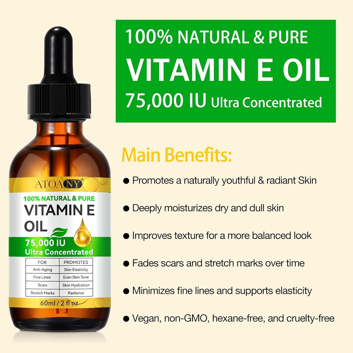 Vitamin E Oil, 75,000 IU Organic Pure Vitamin E Oil for Tightening Plump Skin, Reduce Fine Lines & Scars, Moisturizing Skin, Face & Full Body- 2Fl Oz