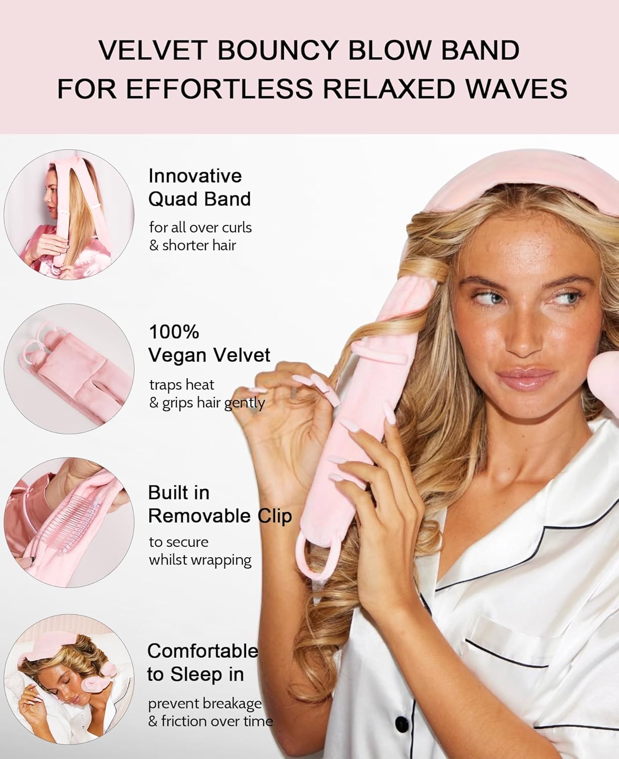 Heatless Hair Curler Curls Overnight Rods No Heat Hair Curlers to Sleep in, Soft Heatless Curling Ribbon Set with Clip Hair Rollers for Blowout Look Long Short Hair, Sonic Pink