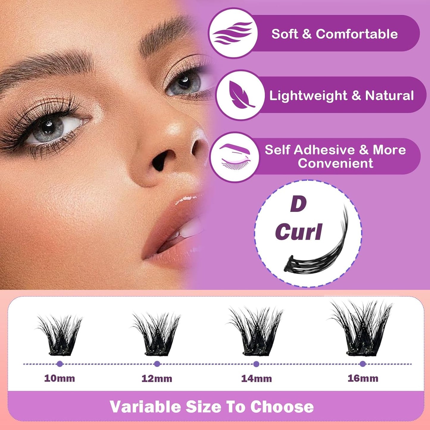 Self Adhesive Eyelashes Kit 80Pcs D Curl Press on Lashes Reusable Self Adhesive Lashes No Glue No Remover Needed DIY Lash Extension Kit with Tweezers for Beginners(10-16mm)