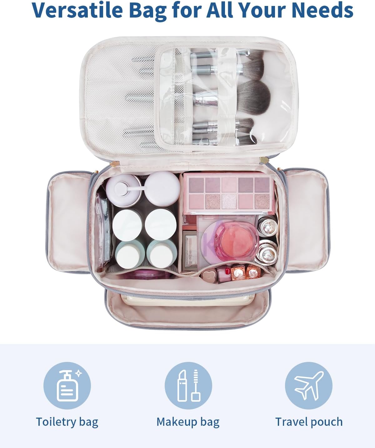 WANDF Travel Toiletry Bag for Women, Wide-open Large Makeup Bag with Handle, Puffy Makeup Organizer for Toiletries, Cosmetics, Accessories, Essentials (Slate Blue)