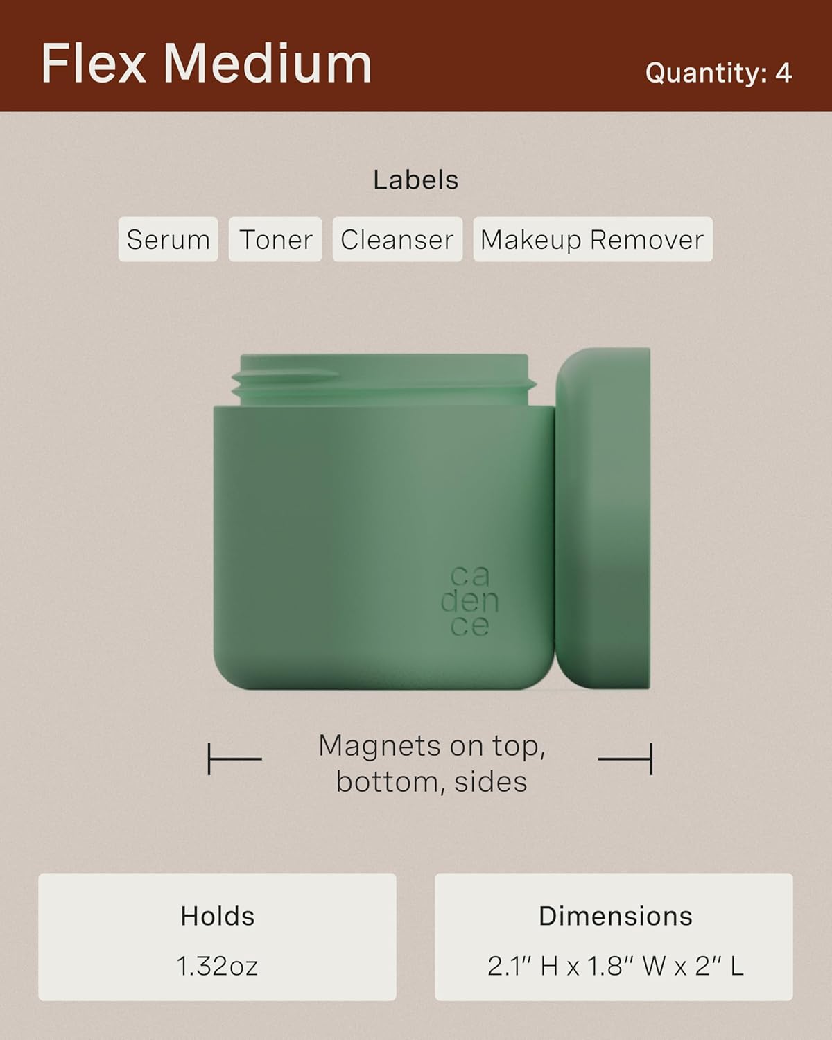 Cadence Travel Containers - Full Skincare Set - Magnetic Containers with Lids,Carry On Travel Essentials For Women/Men - 2 Small (0.56oz), 4 Medium Capsules (1.32oz), & Extender (1.43oz) - Eucalyptus