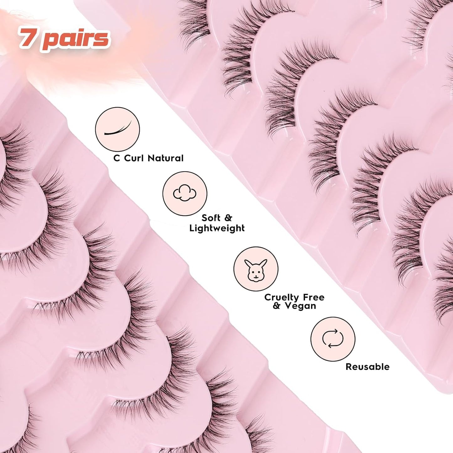 Cat Eyelashes Natural Eye Lashes 12mm False Lashes Wispy Thin Band 3D Volume Fake Eyelash C Curl Lash Pack Natural Look 7 Pair
