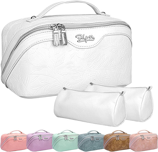 BOYATU Travel Makeup Bags Cosmetic Organizer Bag: 3-Set Large Capacity Make up Bag - PU Leather Toiletry Bags for Women - Wide Open Portable Pouch with Divider & Handle (02-White)