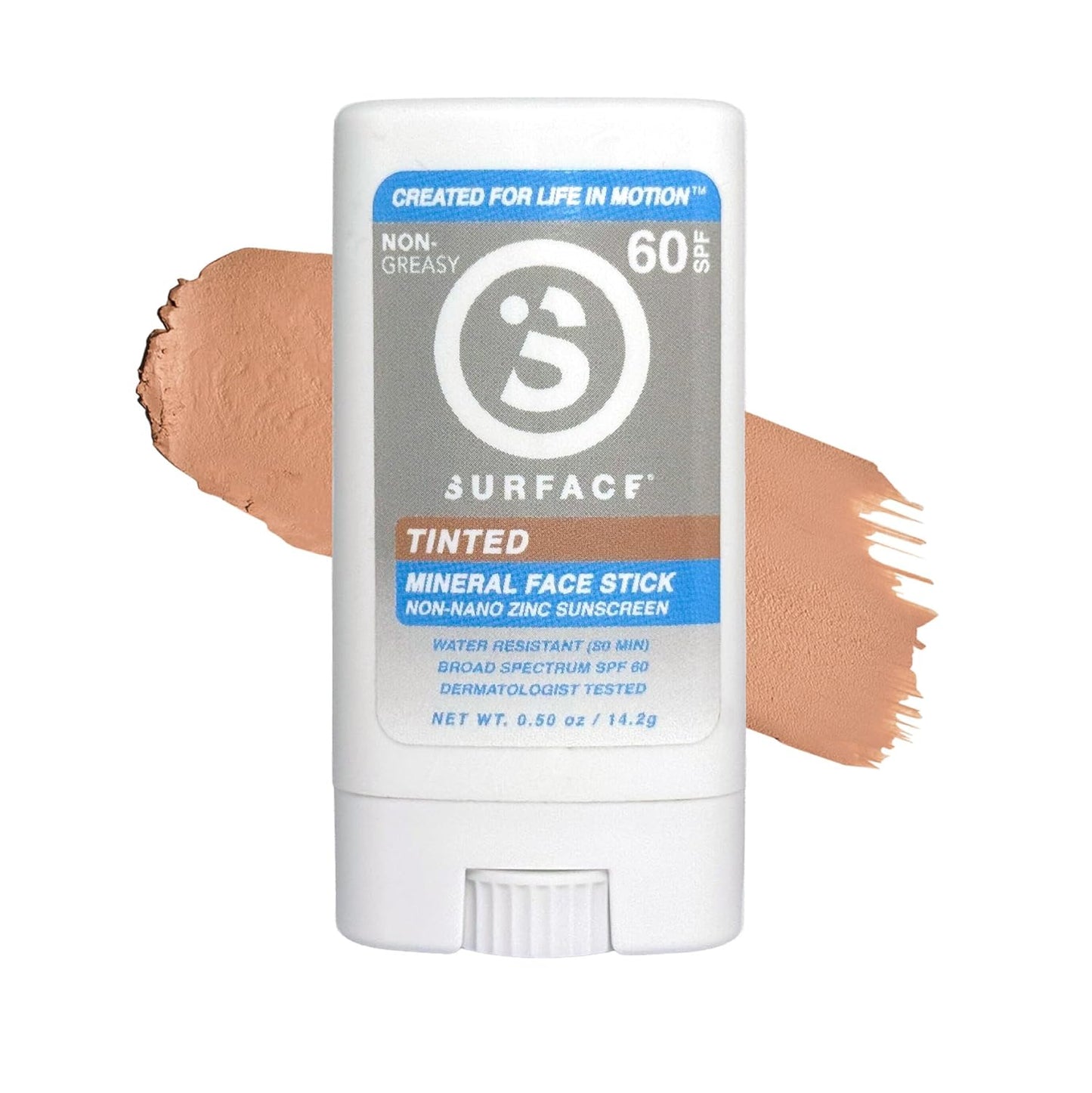 Surface Mineral Sunscreen Face Stick SPF 60, Lightweight Non-Nano Zinc Oxide Formula, Reef Friendly, Broad Spectrum UVA UVB Protection, Water Resistant Sun Care for 80 Minutes, Tinted, 0.5oz