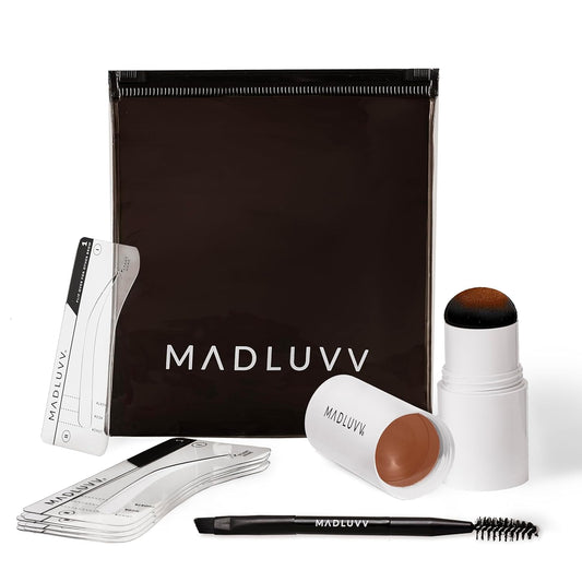 MADLUVV Brow Stamp Kit with Brow Stencils – Easy Eyebrow Shaper for Natural-Looking Brows – Popular Eyebrow Stencil Kit Used by Professionals – 9 Shapes, Spoolie, Travel Bag & Stamp (True Red)