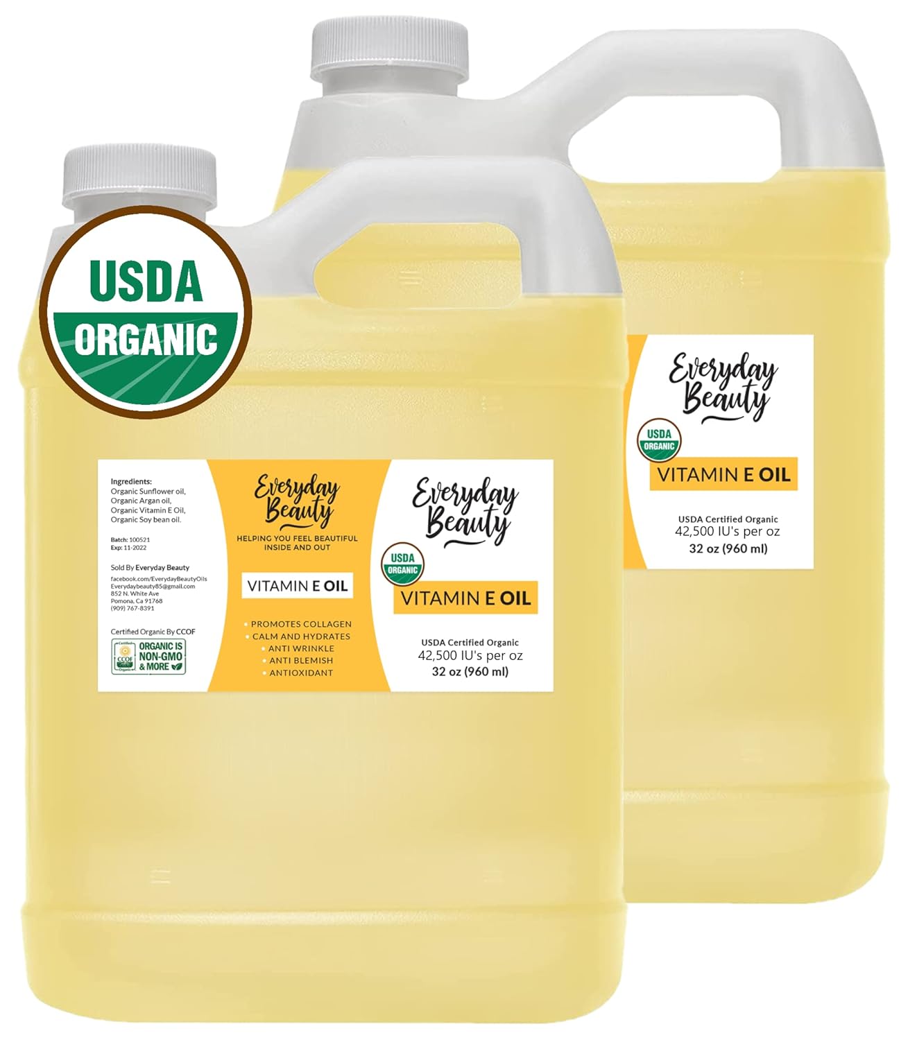 Organic Vitamin E Oil - 64 oz Bulk USDA Certified 100% All Natural & Plant Based - Light and Unscented Great for Scars After Surgery - For Face, Skin, Hair and Nails - Anti-Wrinkle, Anti-Aging