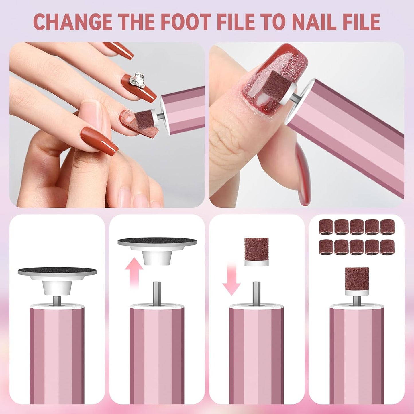 Electric Foot File 2-in-1 Foot Callus Remover with 50pcs Sandpaper Discs, Callus Remover for Feet Professional Pedicure Tool for Dead Skin and Calluses 9 Adjustable Speed/Reversible Rotation - Pink