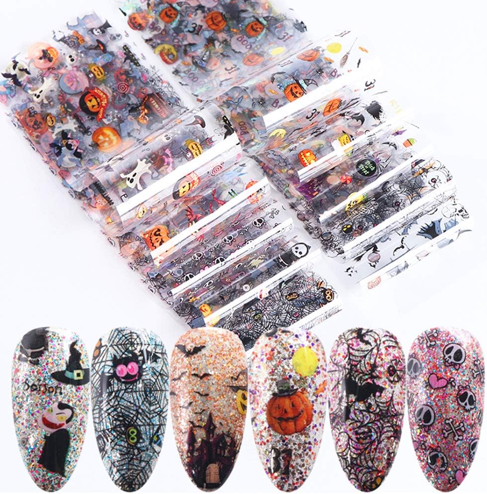Halloween Nail Foil Set Fall Nail Decals Day of The Dead Nail Art Stickers Pumpkin Cat Designs Charms Nail Decorations DIY Transfer Paper Holographic Nail Decor Wraps Adhesive Accessory 10Pcs/Pack