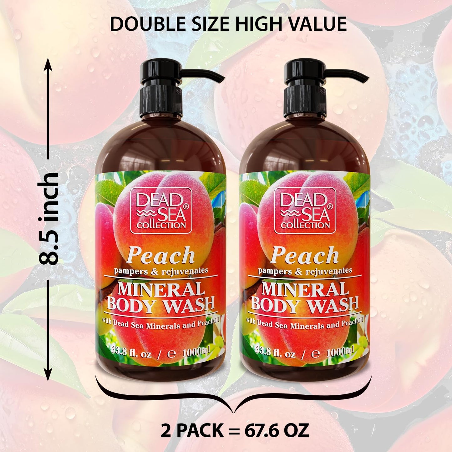 Dead Sea Collection Peach Body Wash for Women and Men - with Pure Dead Sea Minerals and Peach Extract - Cleanses and Moisturizes Skin - Pack of 2 (67.6 fl. oz)