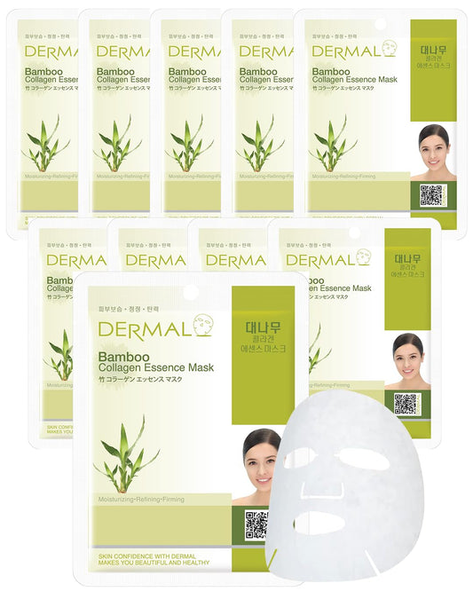 DERMAL Bamboo Collagen Essence Facial Mask Sheet 23g Pack of 10 - Hydrating & Calming, For Dewy and Glowing Skin, Daily Skin Treatment Solution Sheet Mask