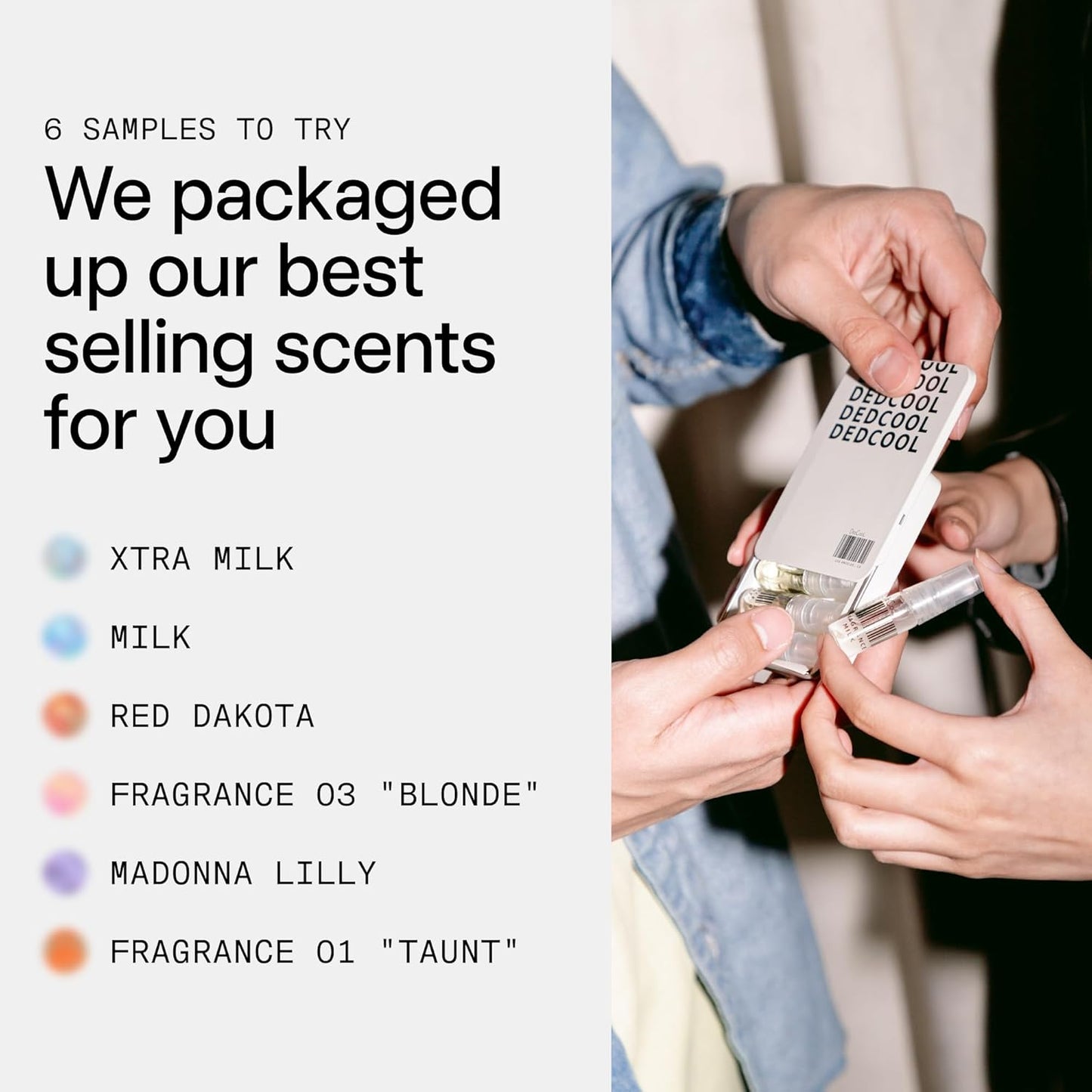 DedCool Sample Tin Luxury Fragrance Discovery Set | 6 Genderless Scents – Xtra Milk, Milk, Red Dakota, 01 Taunt, Madonna Lilly, 03 Blonde | Long Lasting, Vegan, Non-Toxic, Clean | Travel Size