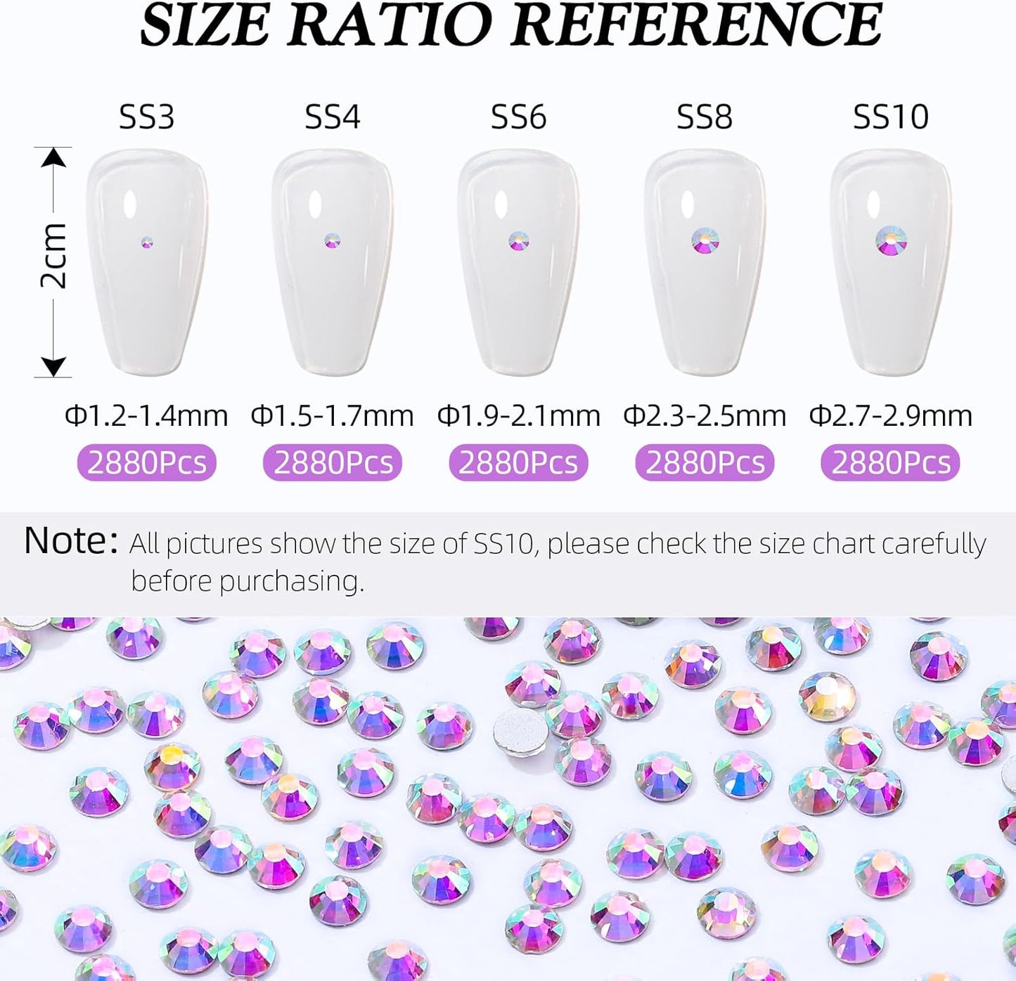 Crystal AB Flatback Rhinestones, Glass Rhinestones for Nail Art and Craft, Glue Fix, Loose Crystal Gemstones(Crystal AB, SS3, 2880pcs, 1.3-1.4mm)