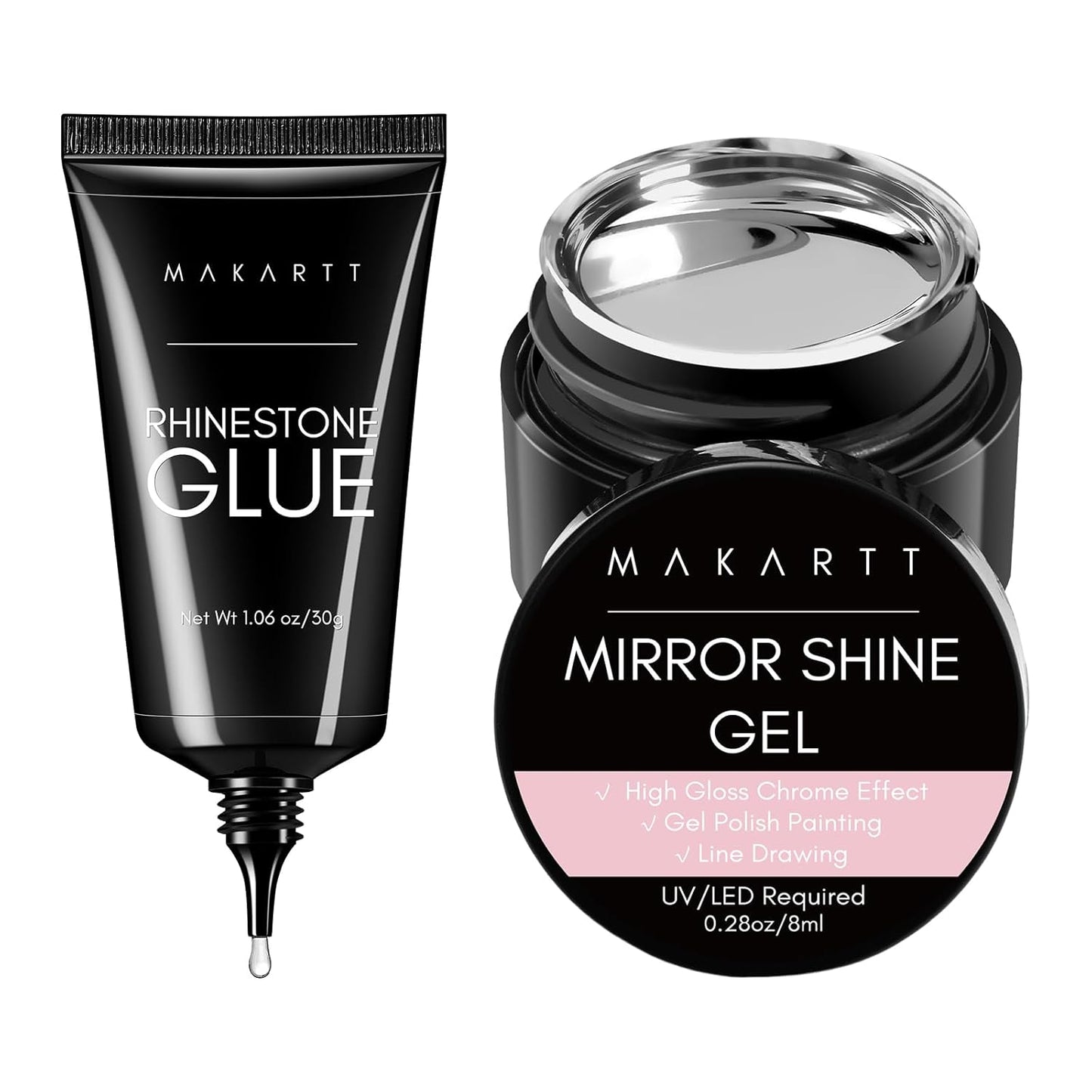 Makartt Nail Rhinestone Glue with Chrome Gel Kit, Super Strong Glue with Silver Metallic Painting Gel Polish Set for 3D Nails Art Decoration Manicure(30ML+8ML)