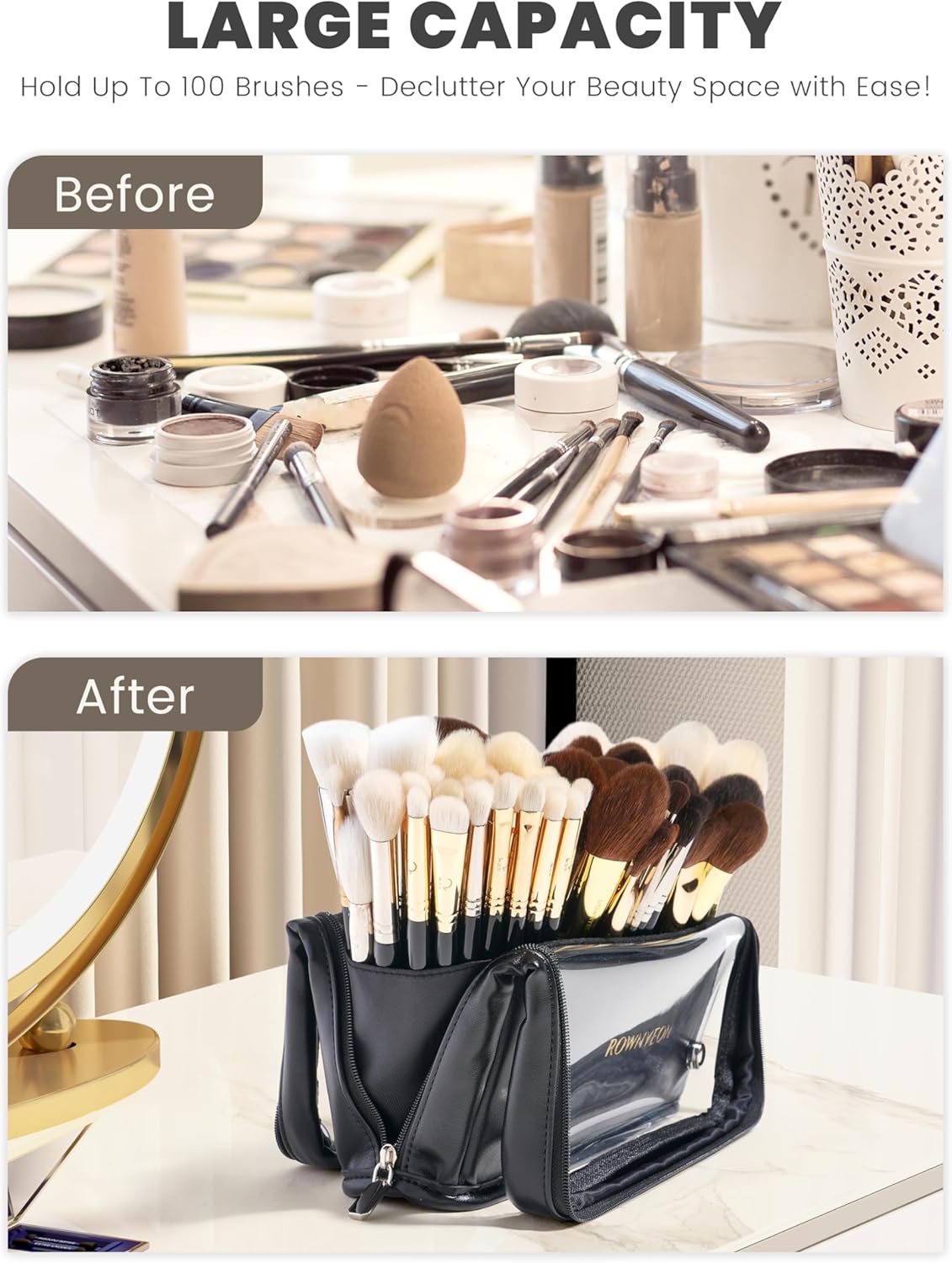 ROWNYEON Makeup Brush Bag, High Capacity Stand-Up Makeup Brush Holder, Travel Professional Cosmetic Bag Artist Organizer Bag Large Makeup Brush Case with Adjustable Divider (Brushes Not included)