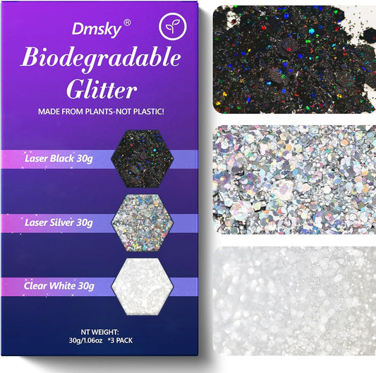 Dmsky Chunky Glitter, 90g/3.18oz Eco Friendly Biodegradable Glitter for Face, Eyeshadow, Body, Hair, Nail, Resin, Craft, DIY Party Decorations, 3 Colors, Silver Holographic, White & Black