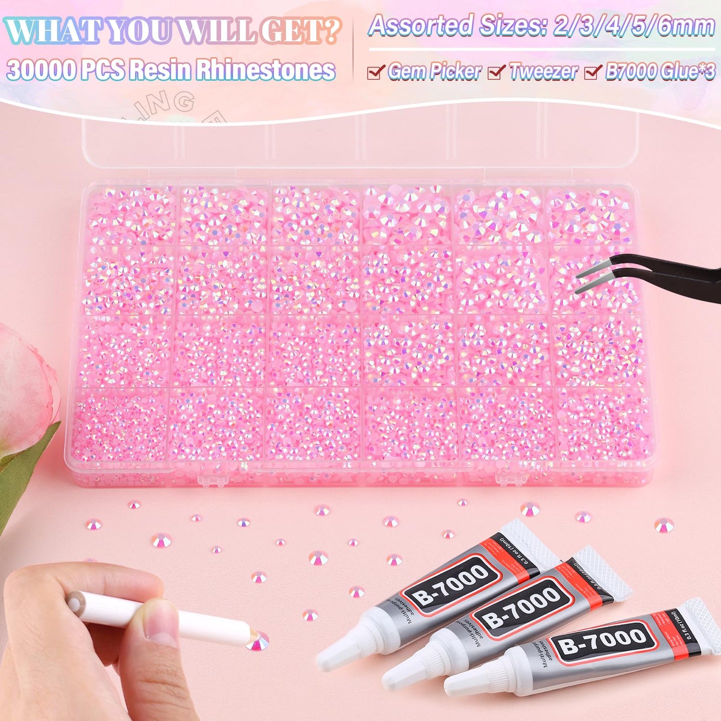 30000Pcs Resin Light Pink AB Rhinestones for Bedazzling Crafting with b7000 Jewelry Glue, Bulk Flatback Gems Bedazzler Kit for Crafts Clothes Shoes Fabric Nail Diamond Art, Assorted Size 2/3/4/5/6mm