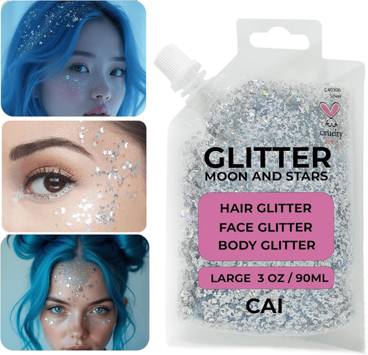 Face, Body & Hair Glitter Gel – Halloween Glitter for Kids and Women – 3 Oz Cosmetic-Grade Gel w/Moon & Stars for Festivals & Halloween Party, Easy Apply & Wash Off - Silver 1Pack
