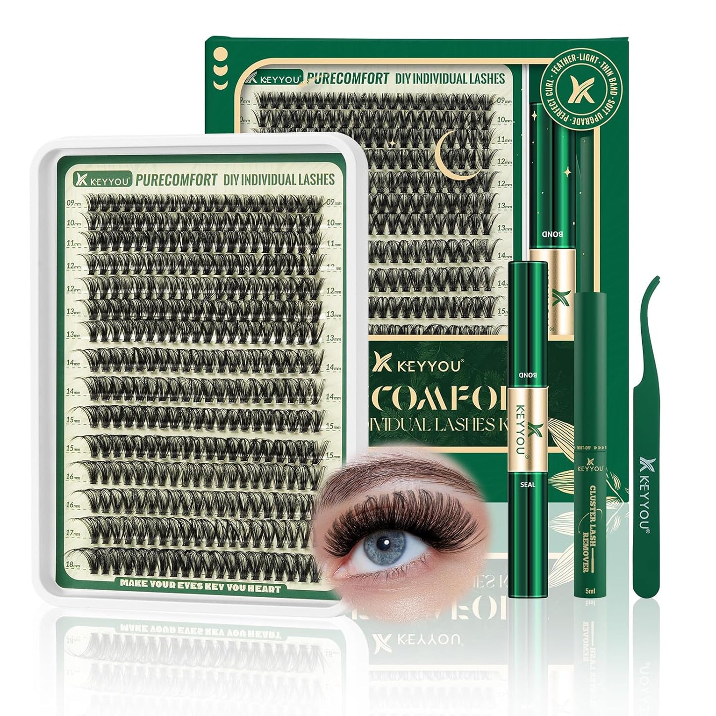 KEYYOU DIY Lash Extension Kit 300pcs 80D D Curl Soft Lash Clusters Easy to Apply with Lash Bond and Seal Applicator and Remover Eyelash Extension Kit at Home(RMkit-80D-D-9-18mix)