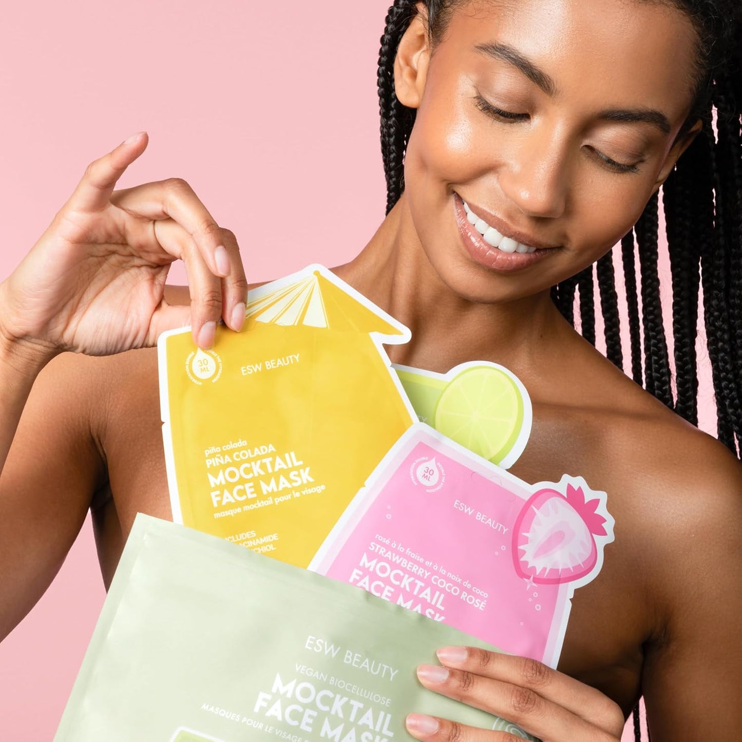 ESW Beauty Mocktail Face Mask Set - 3-Pack Vegan Face Masks for Hydrating, Revitalizing & Calming Skin - Includes Coco Lime Mojito, Strawberry Coco Rosé & Piña Colada Biocellulose Masks