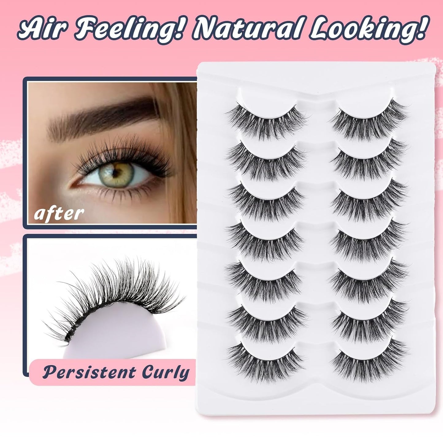 Wispy Lashes False Eyelashes Natural 16mm Fluffy Eyelashes Strip Lashes Pack 3D Volume Lashes 0.1MM Extra Thin Cotton Band Fake Eyelashes Soft Full Lashes C Curl Lashes Pack Siligli 7 Pair