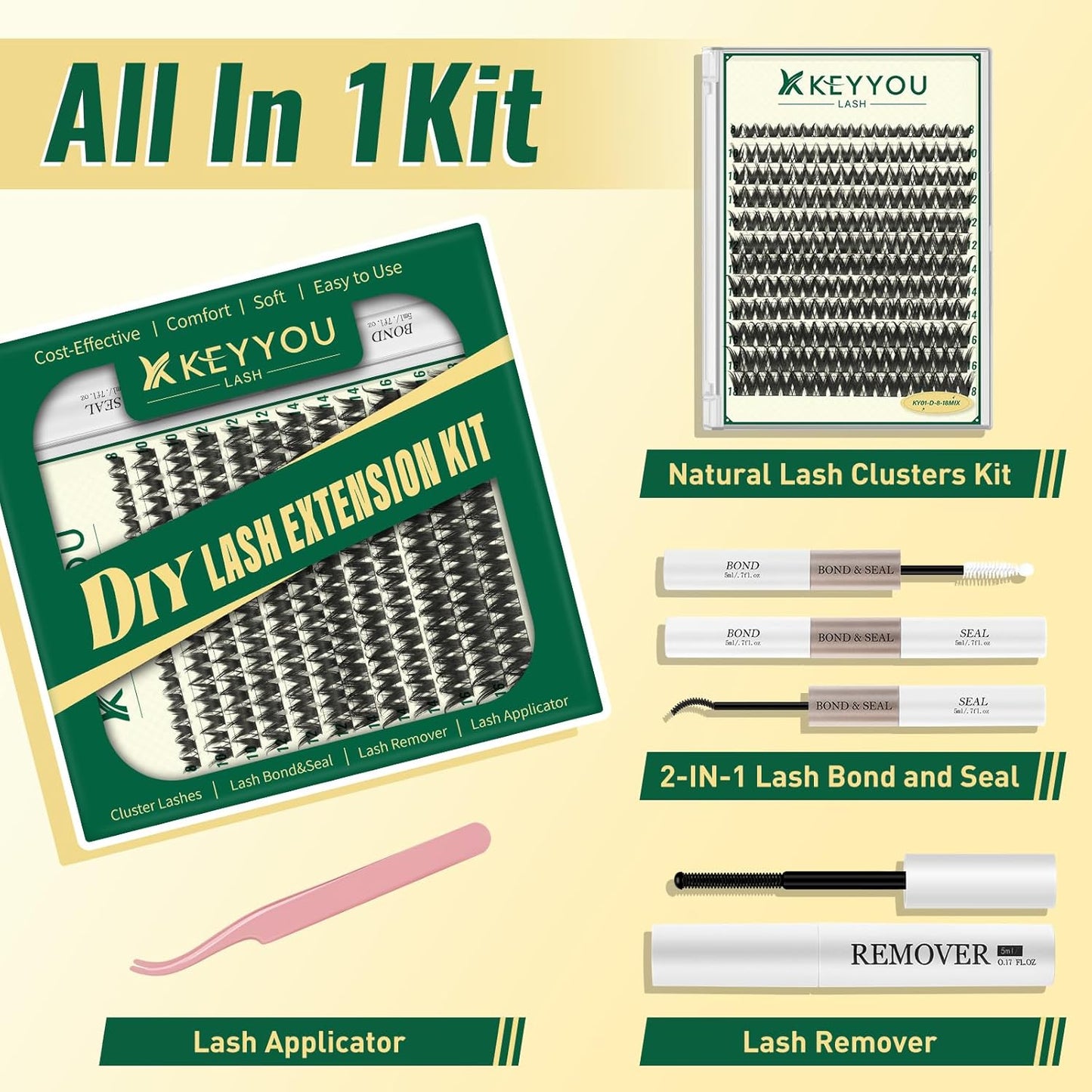 KEYYOULASH Lash Clusters Kit 120pcs 8-18MIX Lash Extension Kit Widespan Volume Lash Clusters with Bond and Seal,Remover,Applicators for DIY Eyelash Clusters at Home (KY01 Kit)