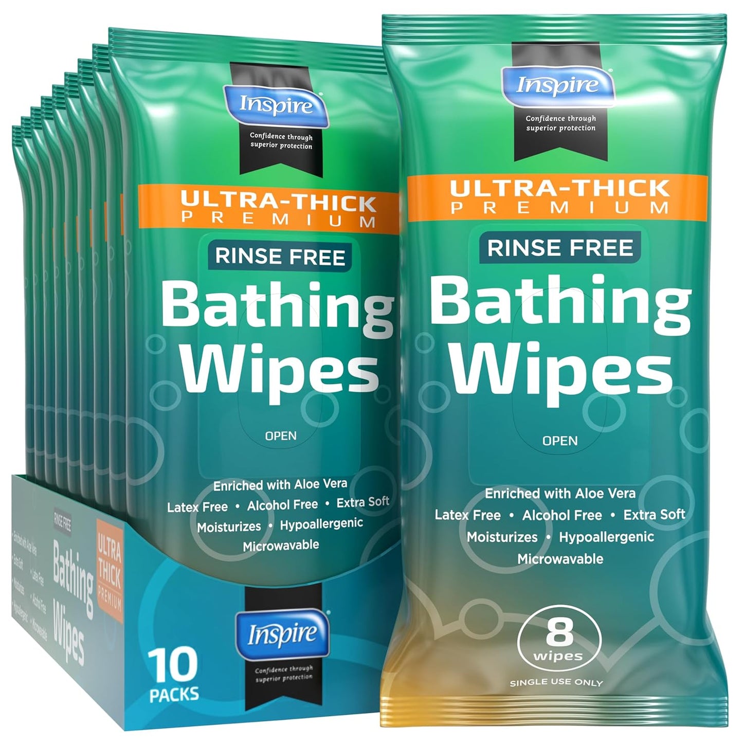 Inspire Ultra Thick Rinse-Free Bath Towels | Shower Towels - Flush-Free Wet Wipes with Aloe | Thick Strong Extra Large Towel for Adults | Body Wipes for Adults Bathing No Rinse