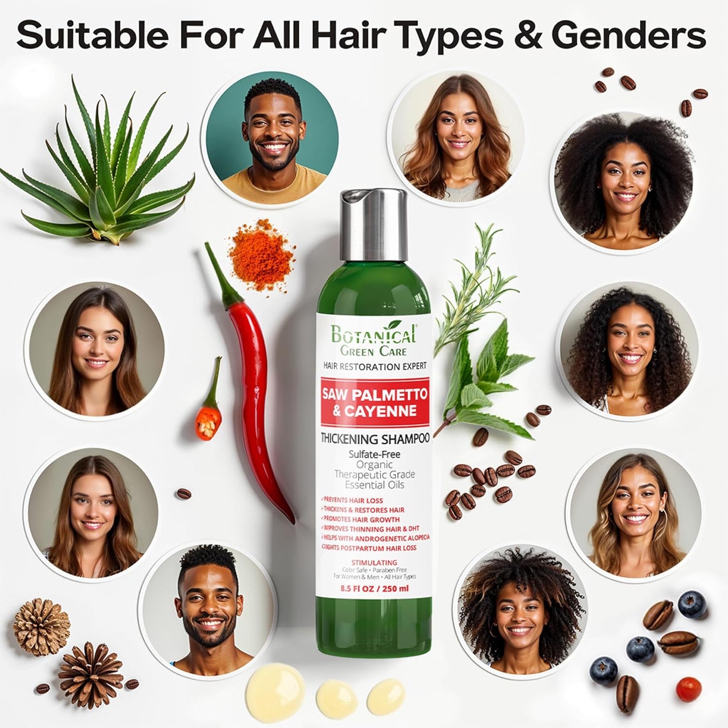 Saw Palmetto & Cayenne Shampoo, Thickening shampoo for thinning hair, sulfate free. Made in USA