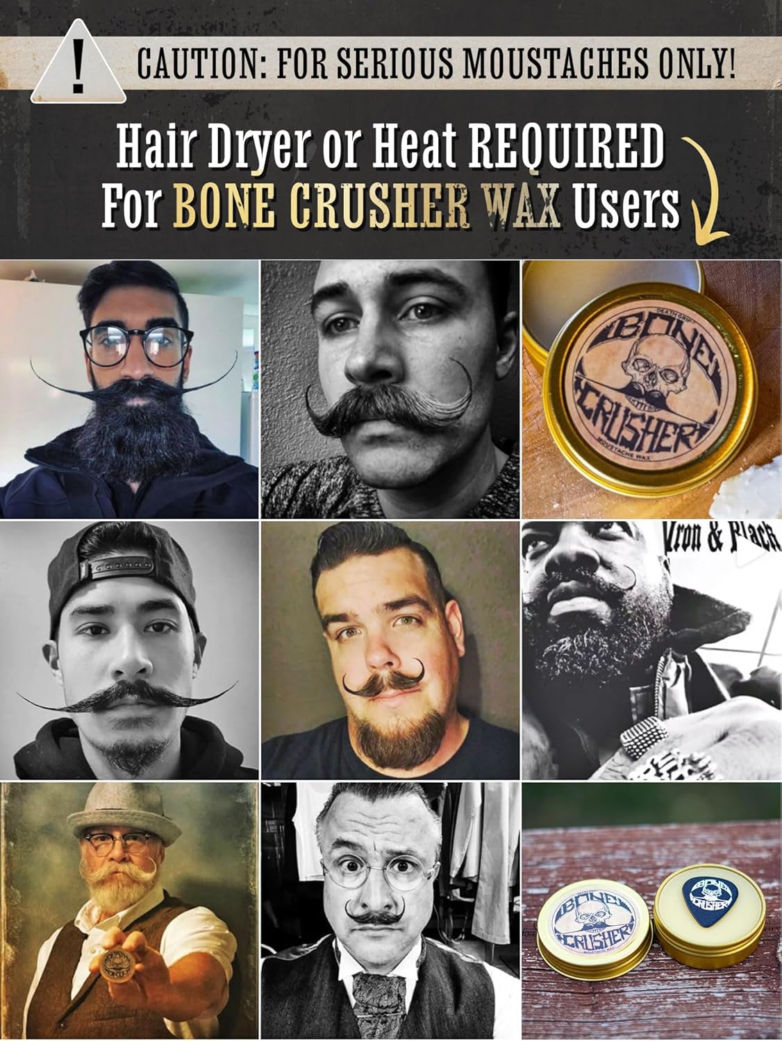Mustache Wax Extra Strong Hold | 1oz Bone Crusher Moustache & Beard Wax Tin | Grooming For Men | Perfect For Dali Curly English Handlebar Mustaches By Death Grip | Heat Source Required