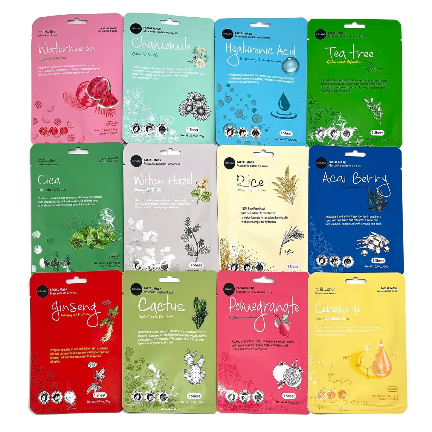 Celavi K-Beauty Skincare Essence Facial Face Mask Korea Skin Care Moisturizing C Set 48 Pack