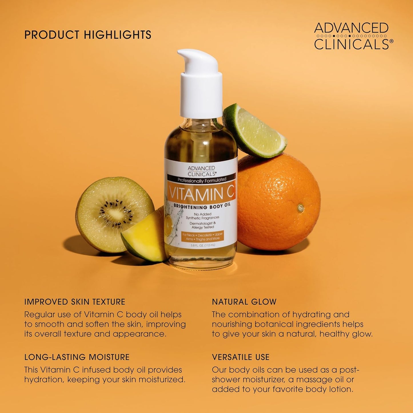 Advanced Clinicals Vitamin C illuminating Body Oil For Women & Men |Vitamin C Oil Skin Care Body Moisturizer With Vitamin E + Botanicals To Help Improve Appearance Of Dark Spots + Dry Skin, 2 Piece