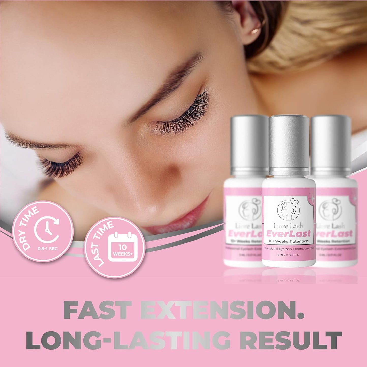 Everlast Strong Eyelash Extension Glue Liore Lash/Retention - 10 Weeks/ 0.5-1 Sec Fast Dry/Black Adhesive/Professional Supplies for Classic/Volume Lashes