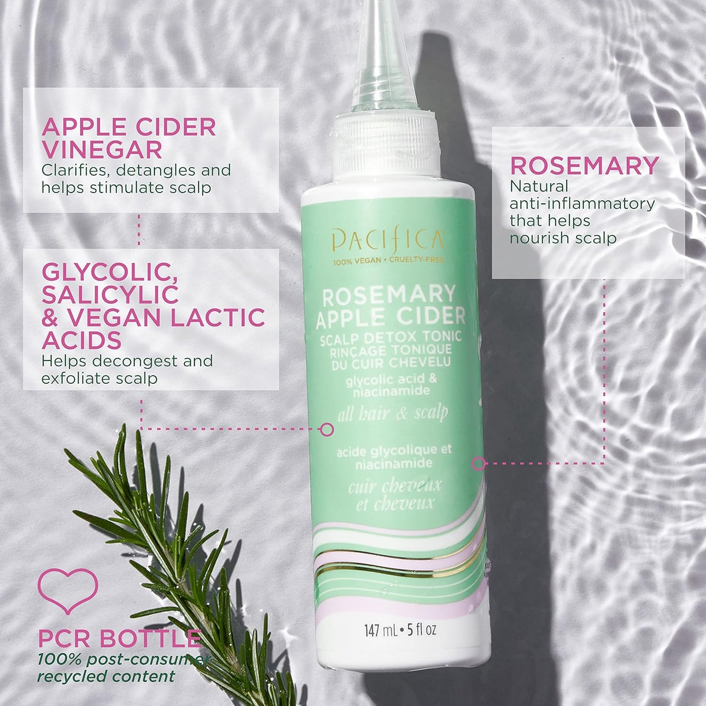 Pacifica Scalp Detox Tonic – Rosemary Apple Cider Scalp Exfoliator, Apple Cider Vinger Hair Rinse w/ Salicylic Acid for Clarifying Build Up, Vegan Treatment and Pre Shampoo Cleanser - 5 oz