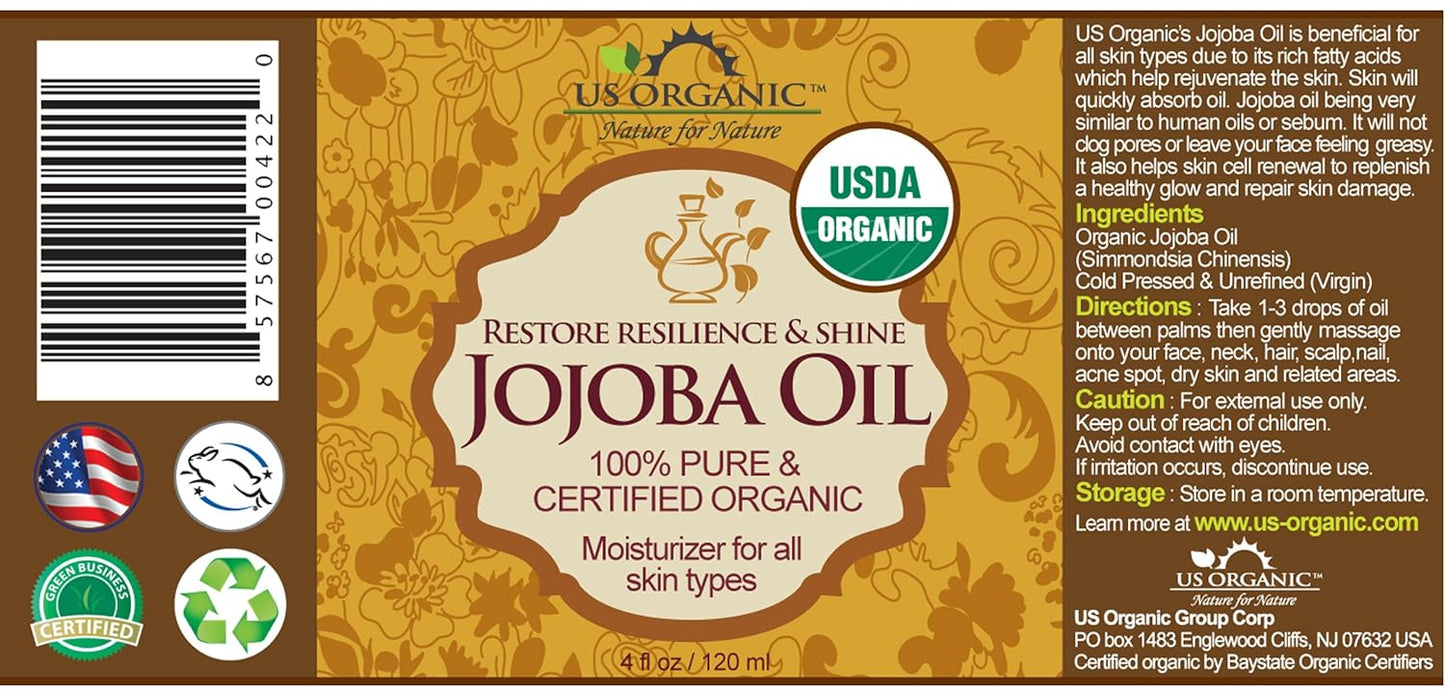 US Organic Jojoba Oil, USDA Certified Organic,100% Pure & Natural, Cold Pressed Virgin, Unrefined, Haxane Free, Sourced from Middle East Directly (Medium (4oz, 115ml))