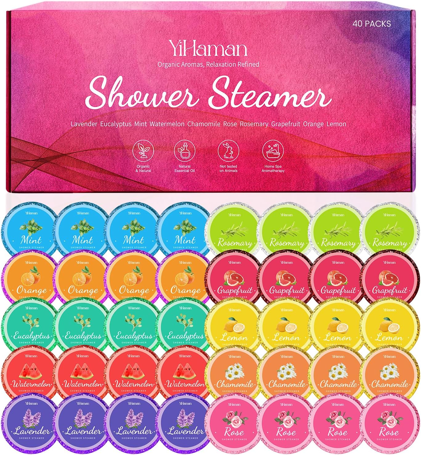 40PCS Shower Steamers Aromatherapy for Women or Men, 10 Scents Organic Shower Bombs, Relaxation with Organic Essential Oils, Birthday Self Care Gift for Women 1 Set
