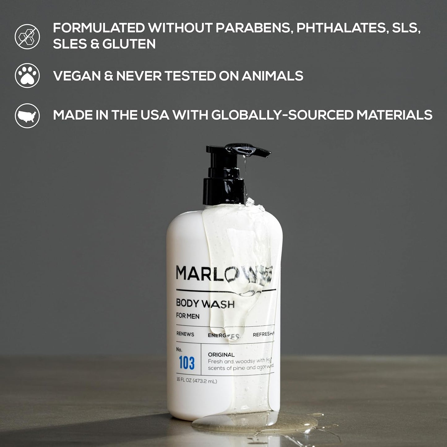 MARLOWE. No. 103 Body Wash 16 oz Pump, Original, Energizing & Refreshing Shower Gel with Willow Bark & Green Tea Extracts, Cleanses, Moisturizes, Smooths & Nourishes, Fresh Pine & Agarwood Scent