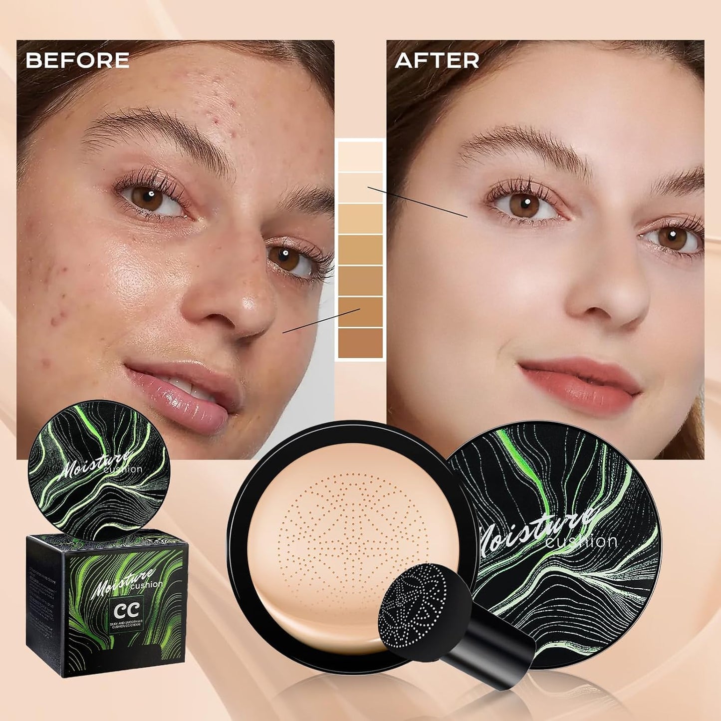 Mushroom Head Air Cushion CC Cream - BB Cream Foundation Makeup Moisturizing Concealer Long-Lasting, Cushion Foundation Full Coverage Self Adjusting for Mature Skin & All Skin Types(Ivory)