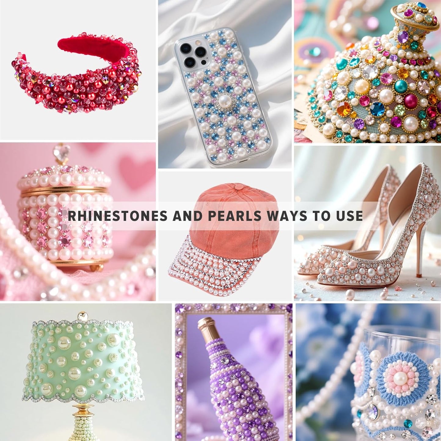 80g Mix Flatback Pearls and Rhinestones for Crafts Pink Blue White Mixed Size 2mm-10mm Half Round Pearls Rhinestones for Nail Art Tumblers Shoes DIY Bedazzling with Tweezers Wax Pen