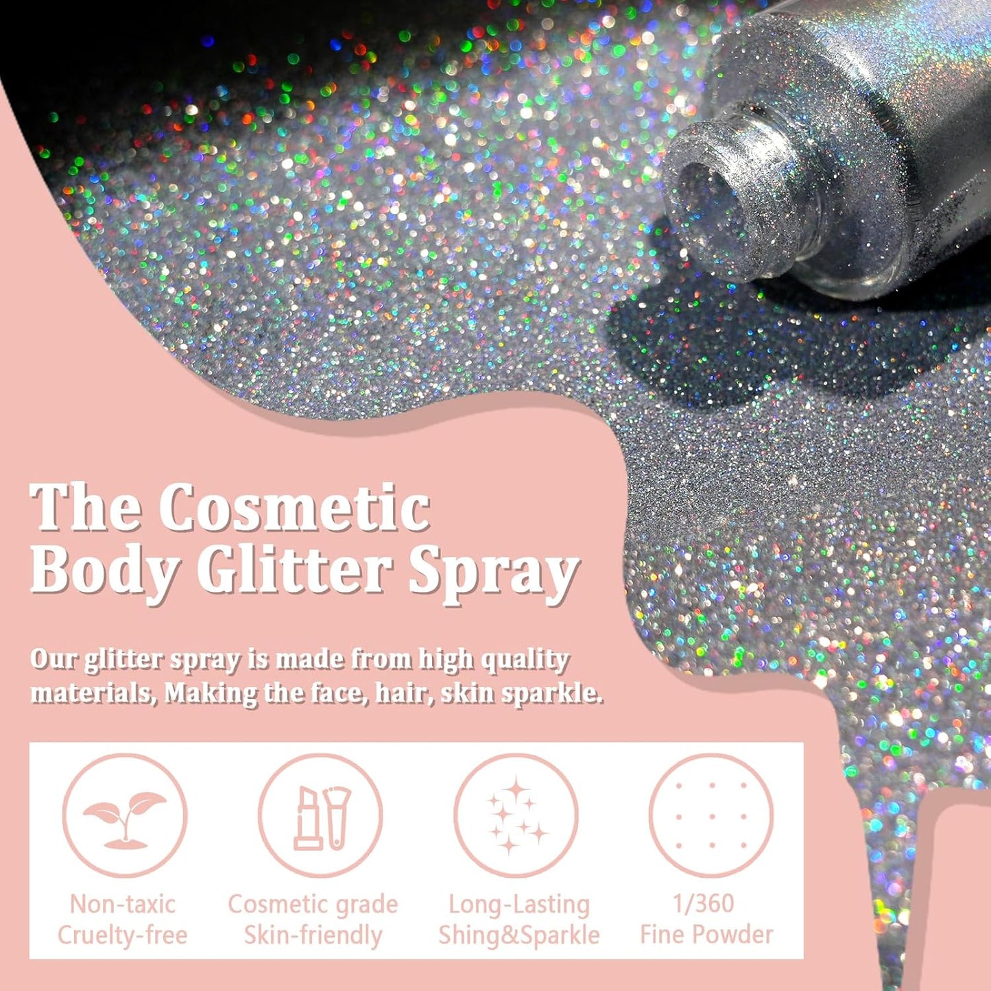 Boko Body Glitter Spray, Holographic Silver Glitter Spray for Body Face Hair Nail Clothes, Hair Glitter Body Shimmer Powder for Highlighter Makeup Festival Party Concert Rave Accessories