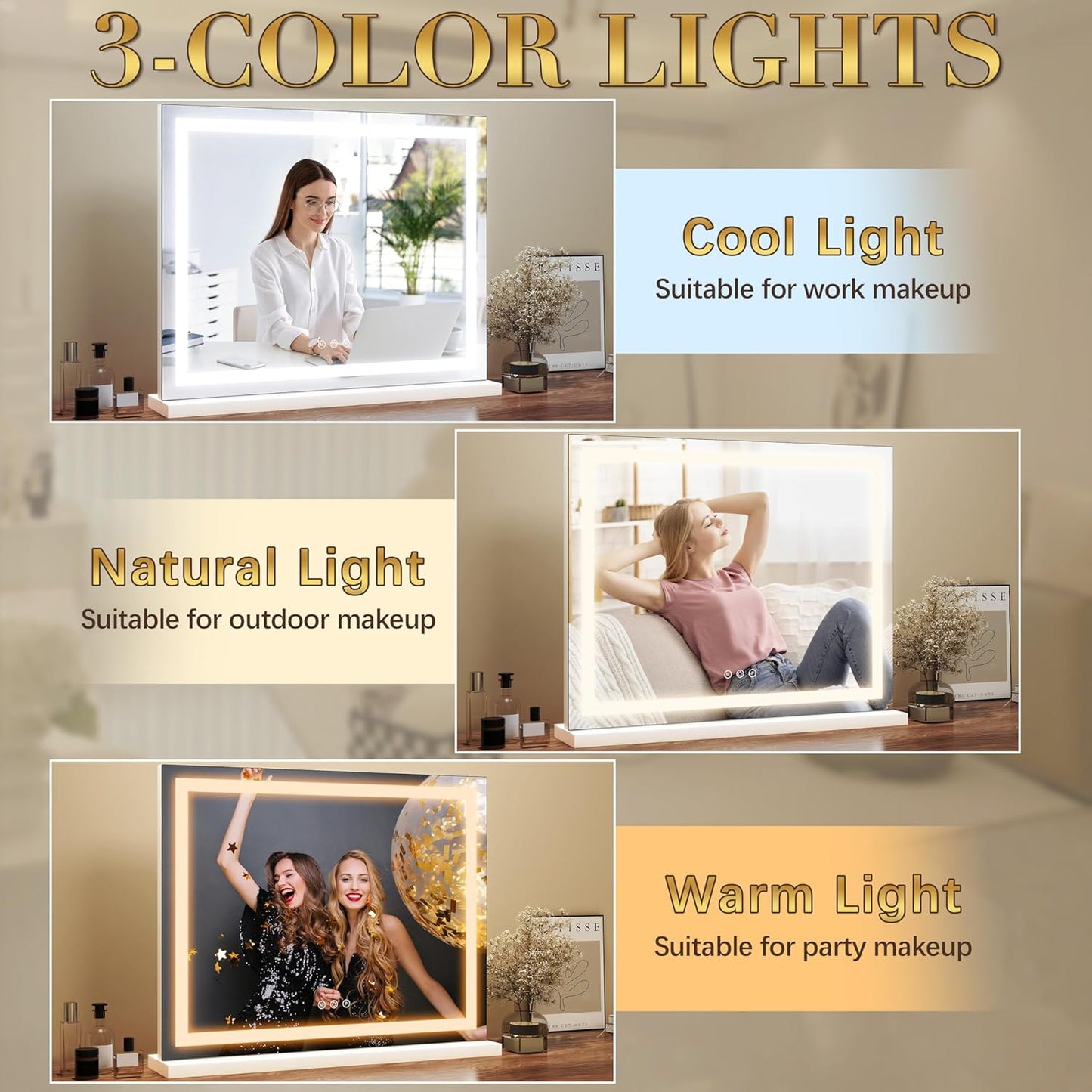 23x18 Inch Lighted Vanity Mirror, 3-Color Dimmable LED & Touch Control - Large Makeup Mirror for Dressing Room (Wall/Tabletop Mount)