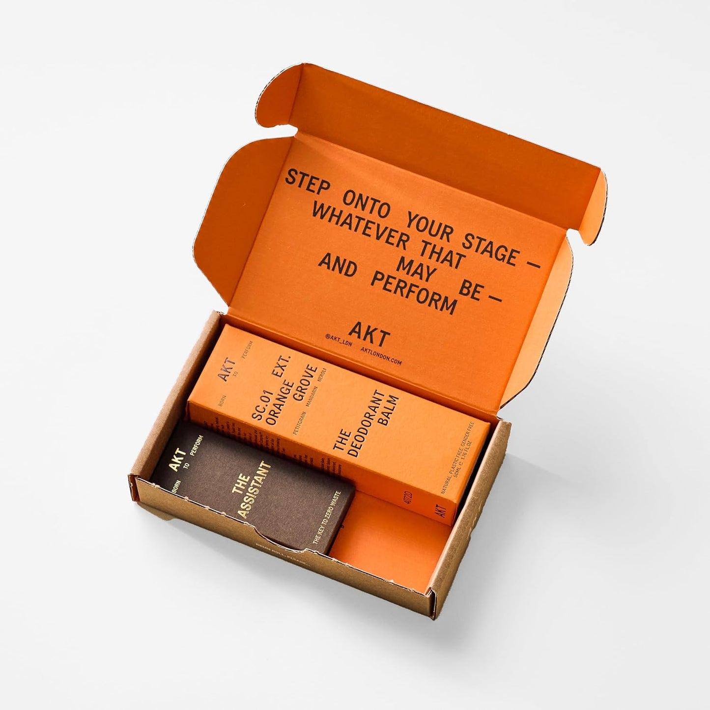 Akt, THE DEODORANT BALM. Award winning, multi-use, natural deodorant. Plastic Free. Gender Free. Aluminium Free. 100% effective — 1 tube lasts up to 3 months. SC.01 ORANGE GROVE. 50ml/1.76 FL.OZ